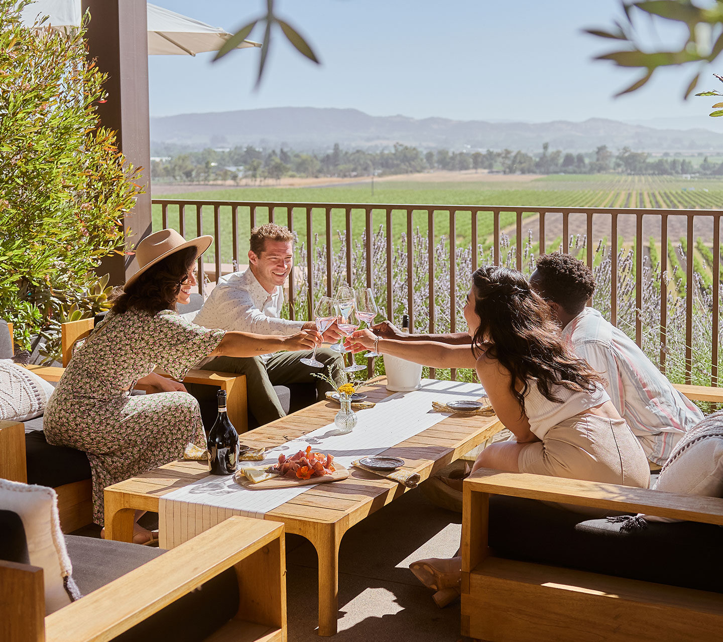 Group drinking wine with vineyard view